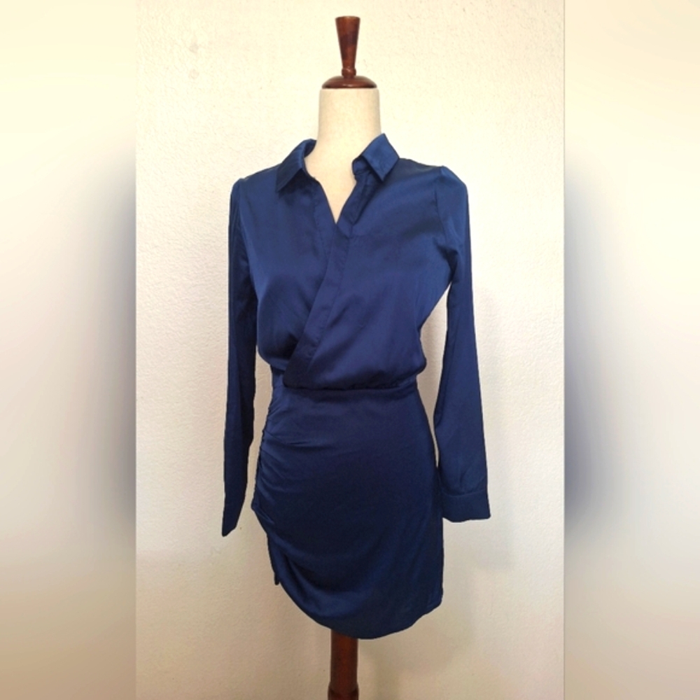 Blue Long Sleeve Bodycon Dress with Notched Collar